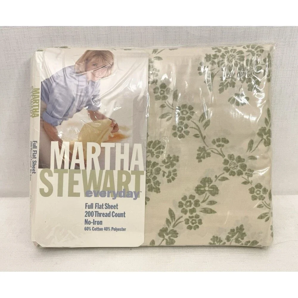 Martha Stewart Everyday FULL Flat Sheet 200 Thread Count Green Floral Vintage